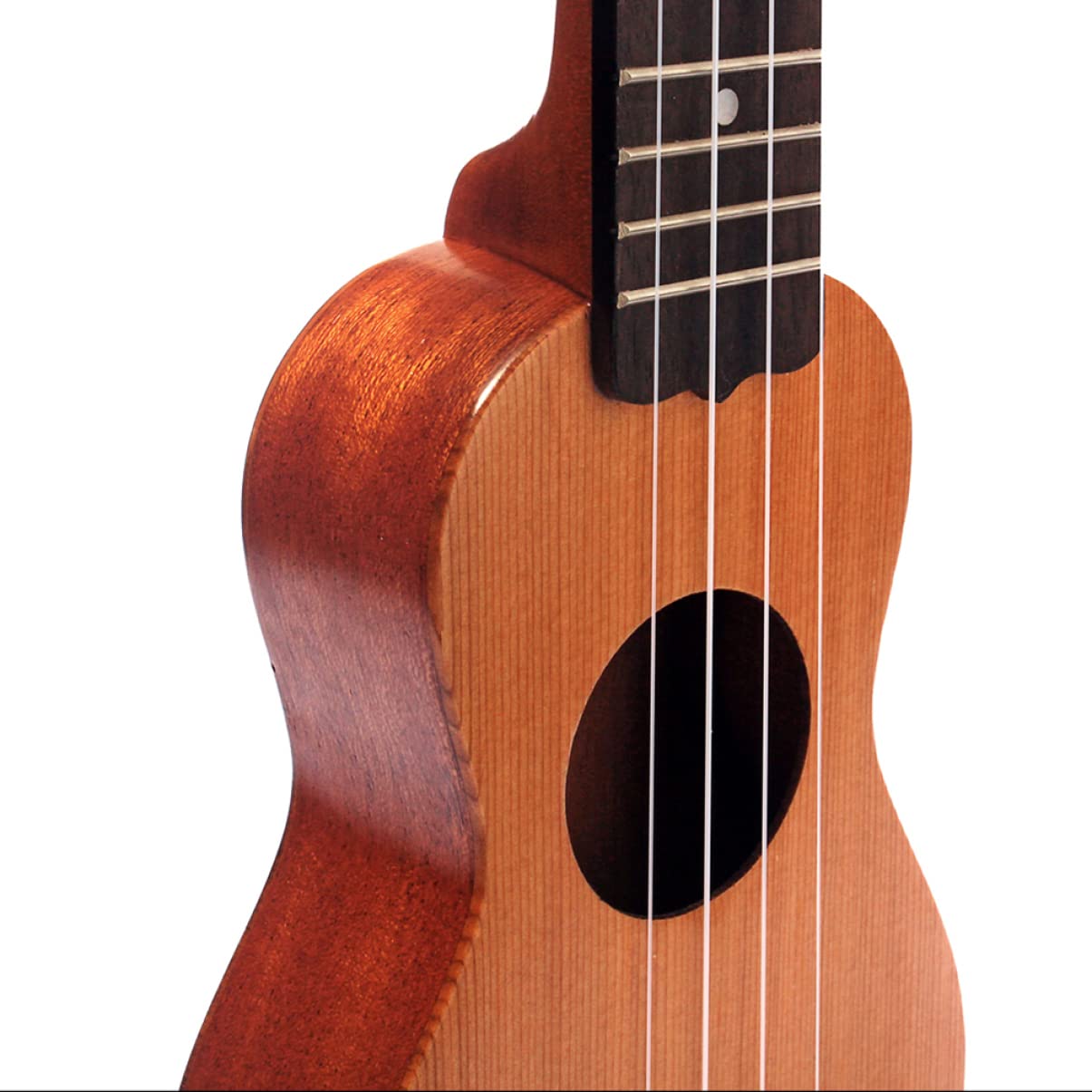 Kleiner Taschen Ukulele mit 4 Saiten aus Massiver Fichtendecke Sapele Korpus Sopran Größe Schallloch Reise und Kindermusikinstrument