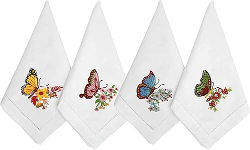 Servilletas de mesa de algodón bordadas, juego de 4 servilletas de tela cuadrada de 18 x 18 pulgadas, servilletas de tela de mariposa, para comedor,