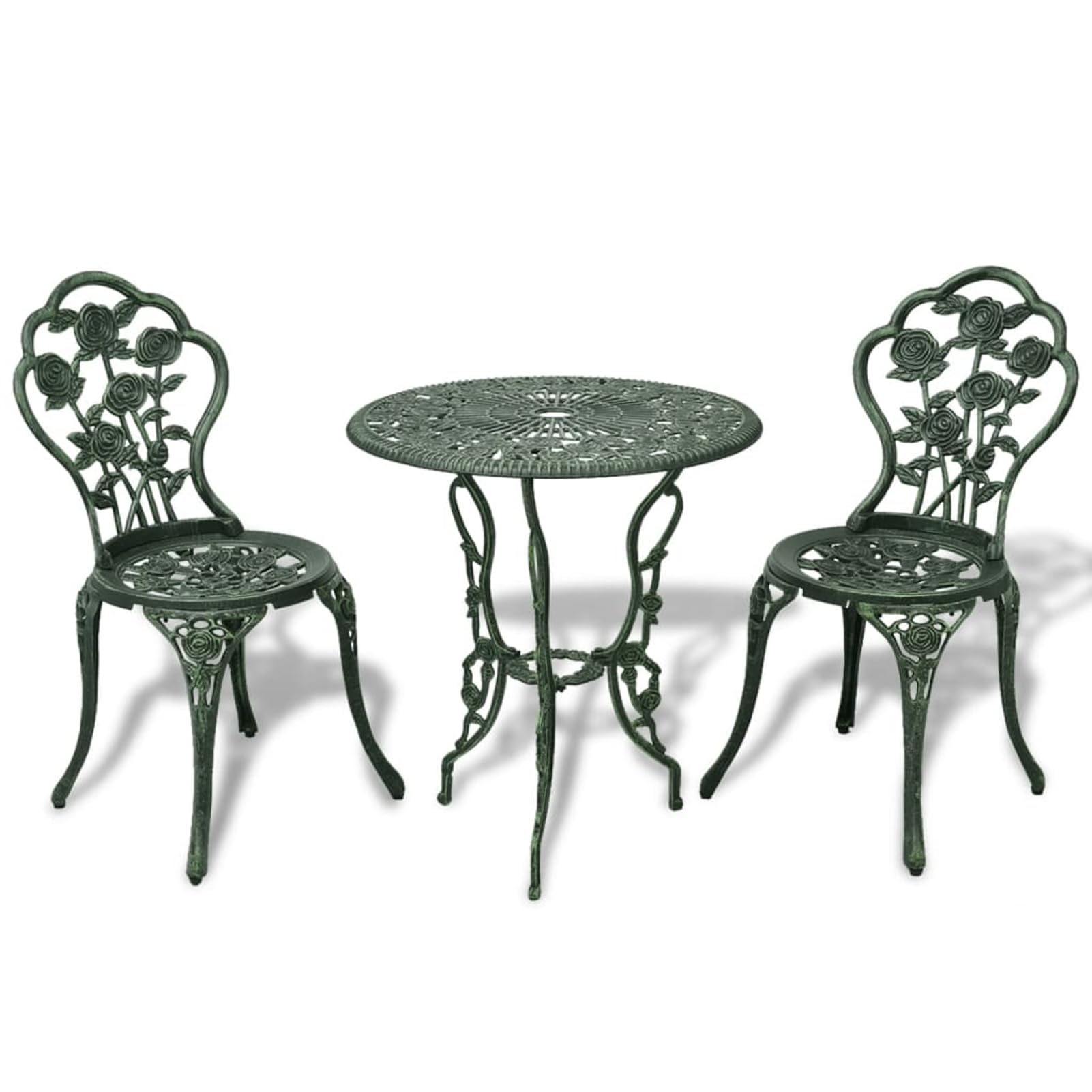 Set da Bistrot in Alluminio Pressofuso Verde 3 Pezzi, Design Elegante con Dettagli Floreali per Giardino, Patio o Serra, Mobili da Esterno Resistenti e Comodi, Tavolo e Sedie per Aperitivi o Cene all'