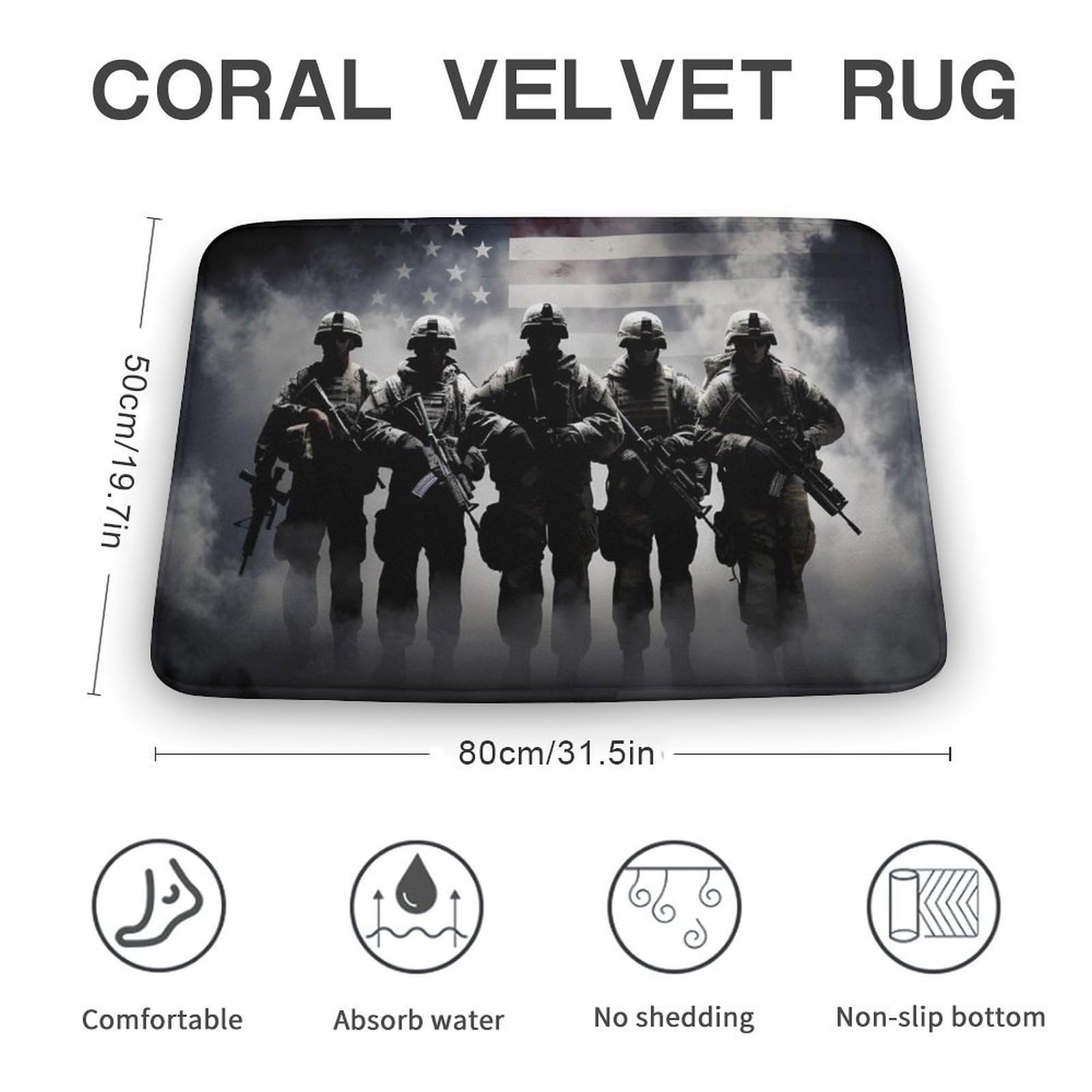 Grunge American Army Soldiers with Flag Coral Velvet Rugs Non-Slip Bathroom Rugs Soft Kitchen Rug Floor Carpet for Home Decor 19.7