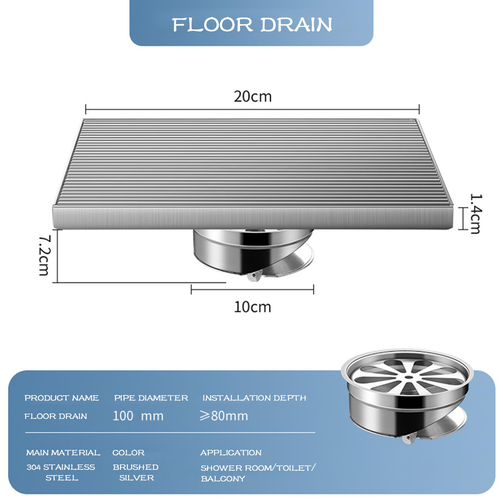 BIJOOT Desagüe De Suelo De Acero Inoxidable 304 - con Tapa De Filtro Extraíble, Antiobstrucción Accesorio De Baño Plata Cepillada,D
