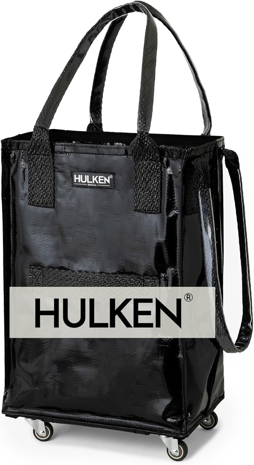 HULKEN (Small, Black) Reusable Grocery Bag On Wheels, Shopping Trolley, Rolling Tote, Zipper Closure, Lightweight, Carries Up to 33 lb, Folds Flat