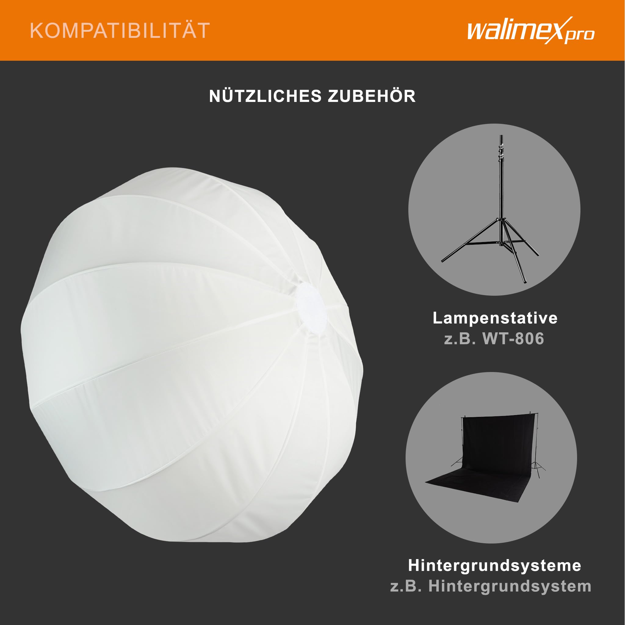 Walimex pro Essential Ballon Softbox 65cm, schnell öffnender 360° Lichtdiffusor, inkl. Bowens Adapter, kompatibel mit Allen gängigen Blitz- und Dauerlichter mit Bowensanschluss