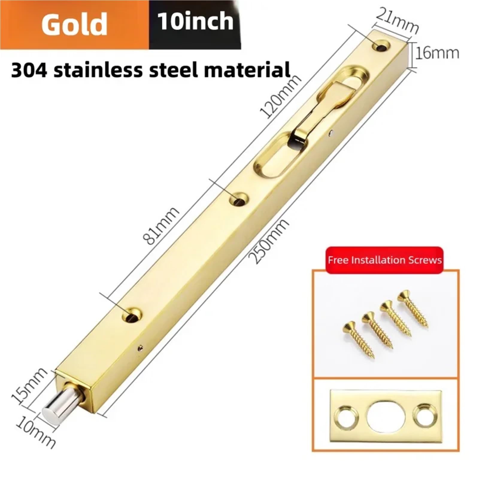 Perno empotrado para puerta doble, 4 juegos de pestillo de acero inoxidable 304 de montaje abierto, puertas de madera y ventanas, pasador de puerta antirrobo (dorado, 10 pulgadas)