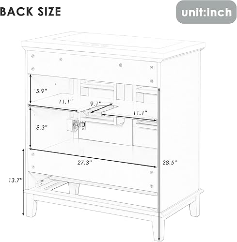 Miniatura 4 de Armario de tocador de baño de 30 pulgadas con juego de encimera de cerámica para fregadero, cajones multifuncionales y estante de almacenamiento,