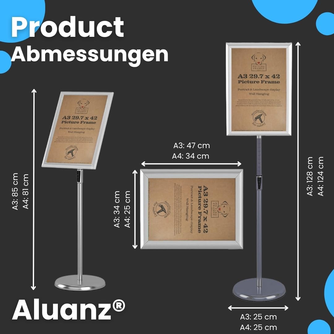 Infoständer Höhenverstellbar, A4, Silber, 2 Stücks | Informationsständer, Bodenständer aus Aluminium, Drehbarer Präsentationsständer, Posterständer, Plakatständer