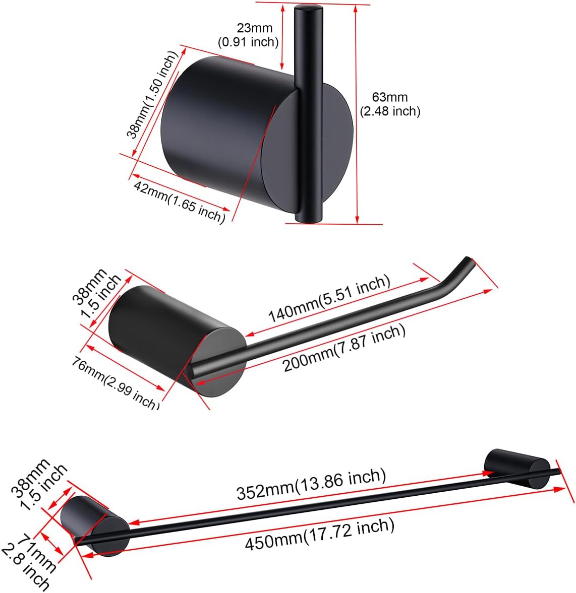 RANDOM Matte Black Bathroom Hardware Set 4 Pieces Stainless Steel Black Towel Bar Set Includ 18 inch Hand Towel Holder Toilet Paper Holder and 2 Towel Hooks Wall Mounted Bathroom Accessories Kit