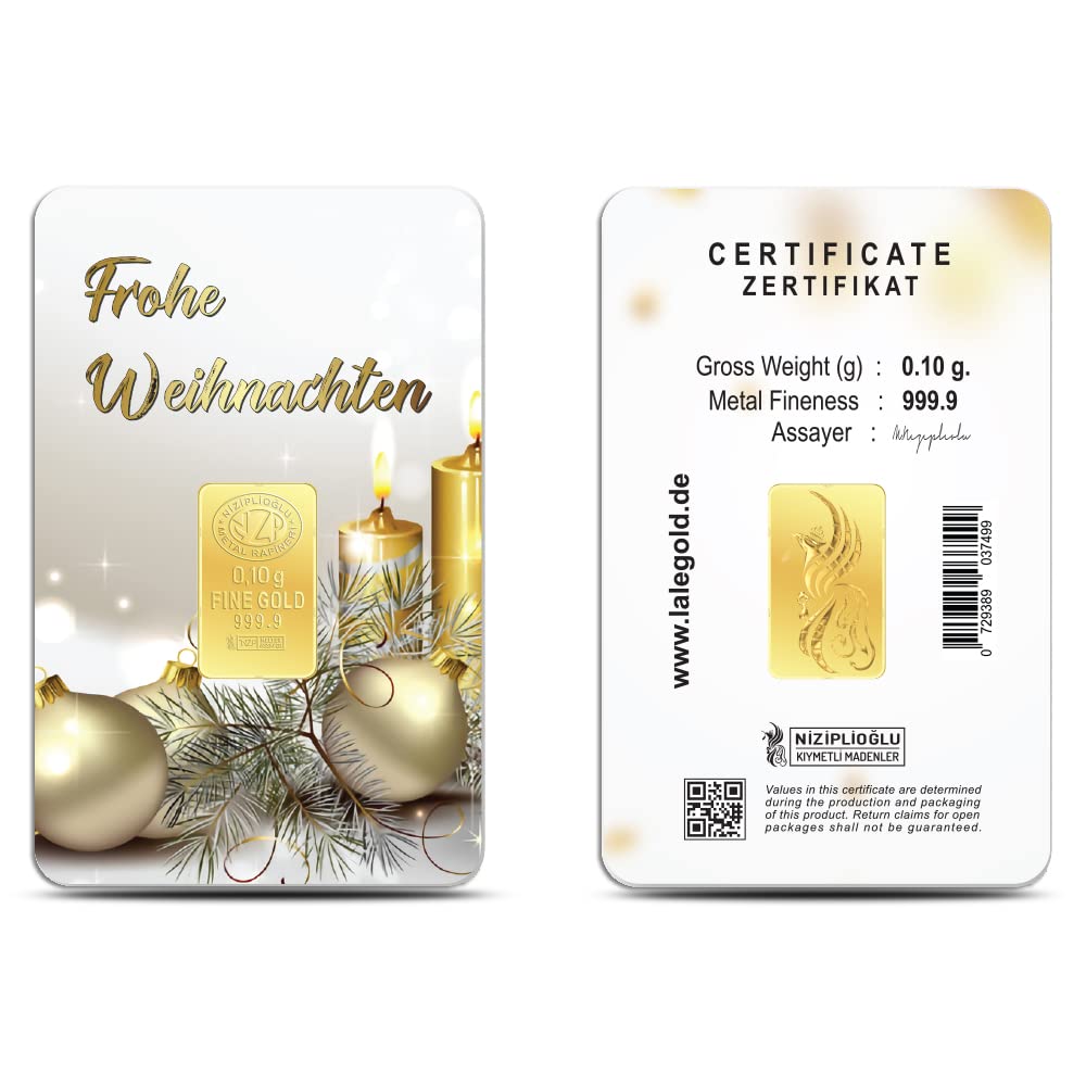 Goldbarren 0.1 Gramm Top - Geschenk Feingehalt 999,9 Goldbarren 0,10g. (Frohe Weihnachten)