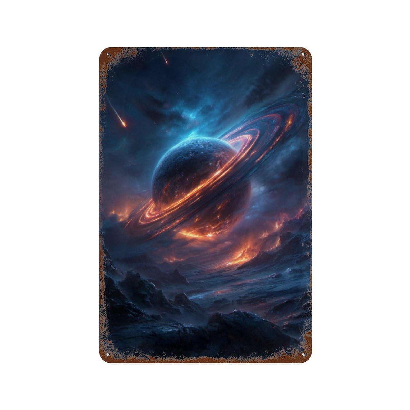 Fiery Planet with Rings in Space 11.8"x7.9" Rustic Tin Plaque, Novelty Wall Decor for Bistro, Counter And Cafe Decor