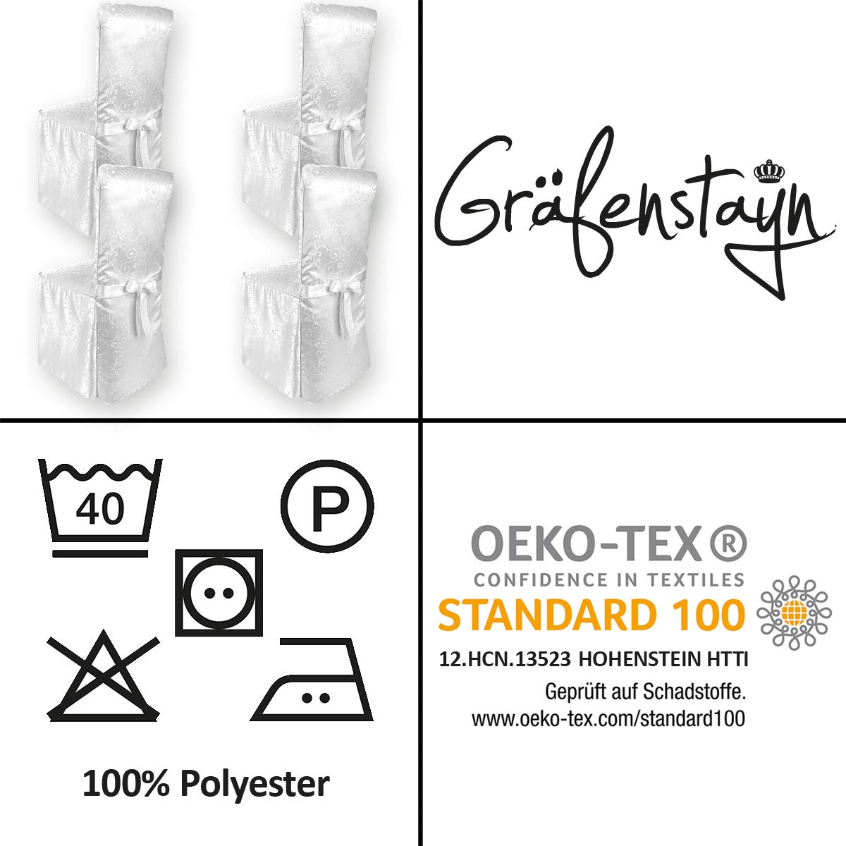 Gräfenstayn® 4pcs coprisedia Sofia con motivo jacquard e fiocco integrato - diversi colori per schienali di sedie rotonde e quadrate - adattamento universale (Bianco)