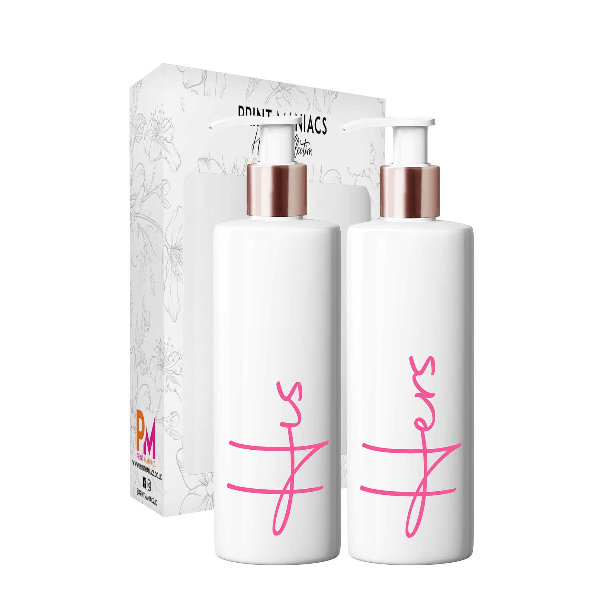Print Maniacs White Mrs Hinch Inspired Personalised 500ml Bottles Bathroom Lotion Kitchen Shampoo Conditioner Rose Gold Pump (His Hers, F2) (BabyPink) โ image 1