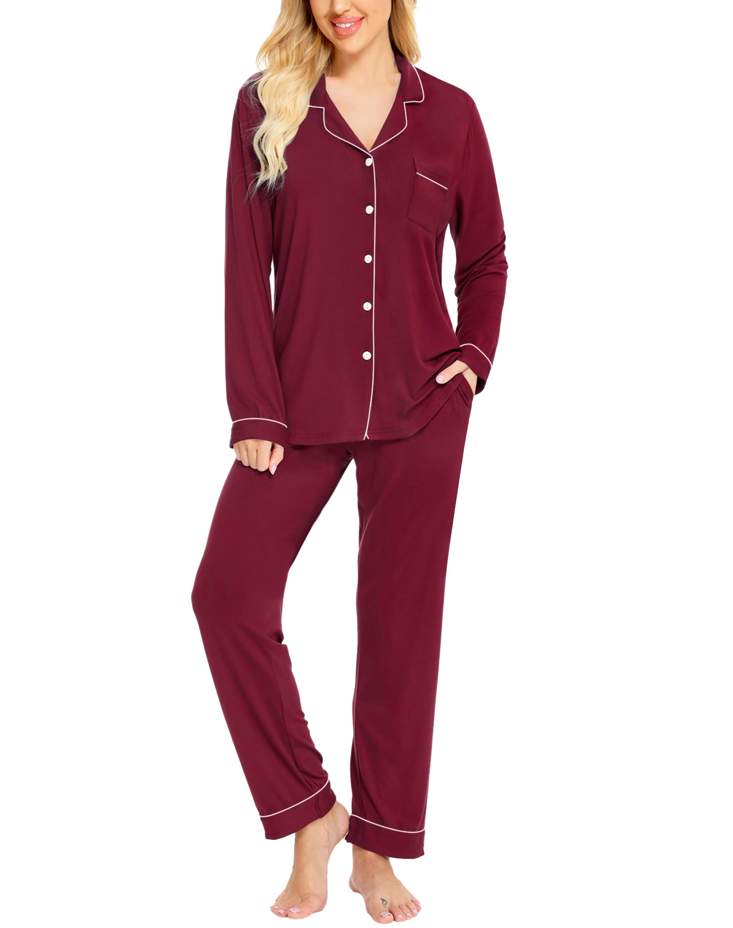swomog Pajamas Set Long Sleeve Sleepwear Wine Red, Small-picture-42