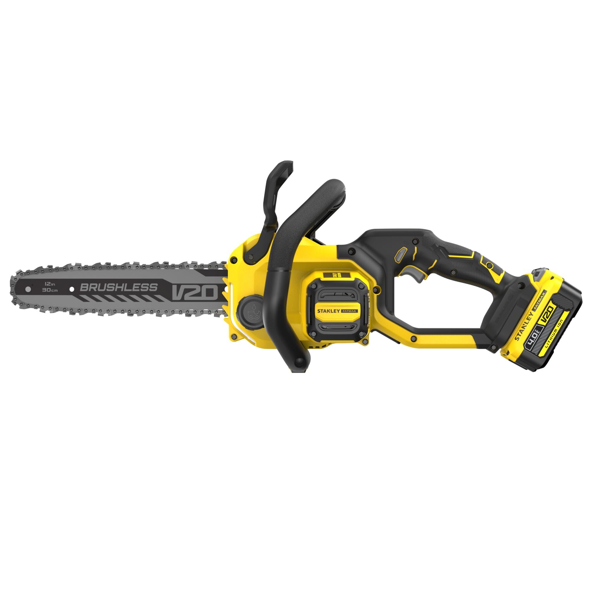 STANLEY FATMAX SFMCCS730M1-QW - Motosierra inalámbrica (18 V, longitud de la espada de 30 cm, motor sin escobillas, con 2 empuñaduras y protección de la mano, adecuada para trabajos de madera y jardín | Motor sin escobillas, Con 2 empuñaduras, Protección
