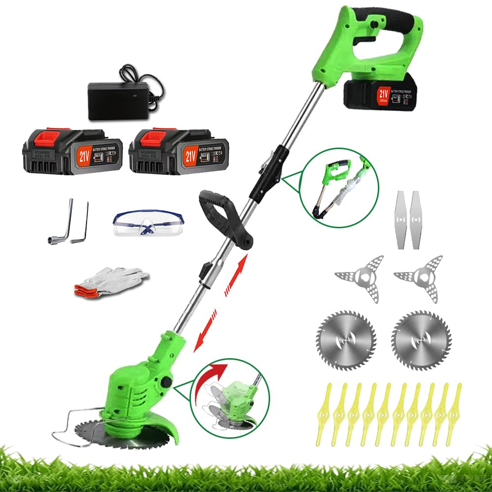 Decespugliatore a batteria, 21 V, con 2 batterie, 4 tipi di lame + 1 cesoie da potatura, manico telescopico regolabile, per giardino, prato, bordi del marciapiede