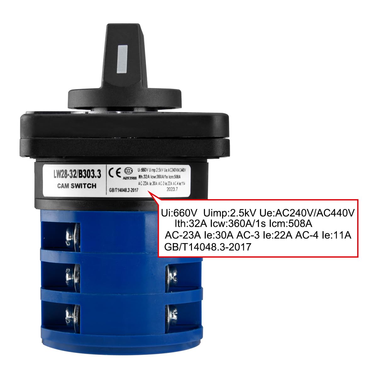 Heschen Interrupteur sélecteur universel à came rotative, LW28-32/B303.3, (ON)-Off-(ON), type momentané, 660V 32A, 3 positions, 3 phases, 12 bornes, CE