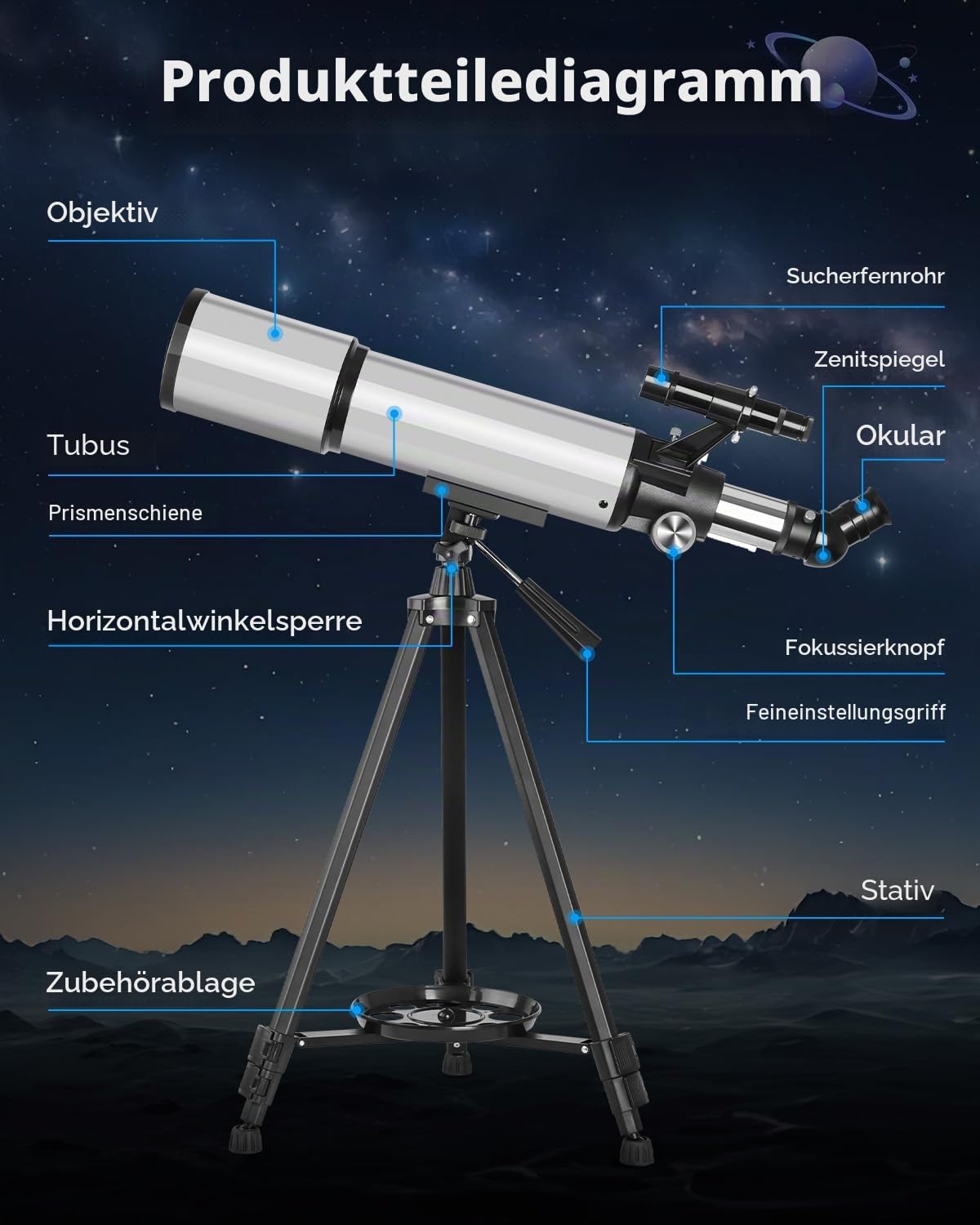 Teleskop Astronomie 90/600mm Refraktor mit Alu-Stativ – 2 Okularen (10mm & 25mm), 3X Barlow-Linse, Smartphone-Adapter & Tragetasche – Ideal für Sterne beobachten, Mond, Planeten & Vogelbeobachtung