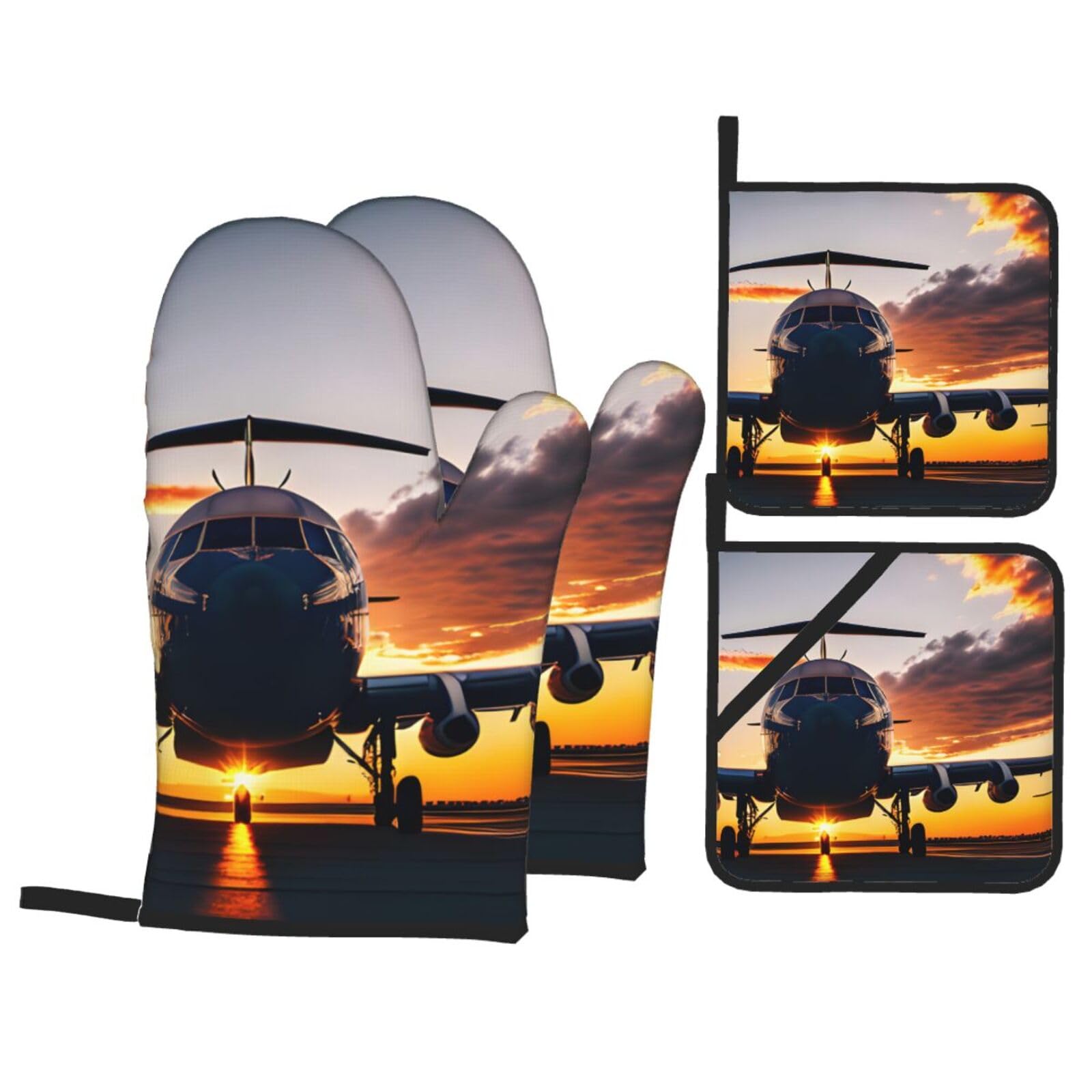 Aircraft Plane at Sunset Print 4-Piece Heat-Resistant Oven Waterproof Kitchen Gloves Cooking Roasting Essential