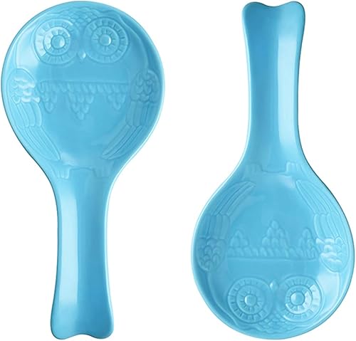 Sweejar Juego de 2 cucharas de cerámica con diseño de búho, soporte grande para cuchara de cocina, colector de goteo para cucharón, espátula,