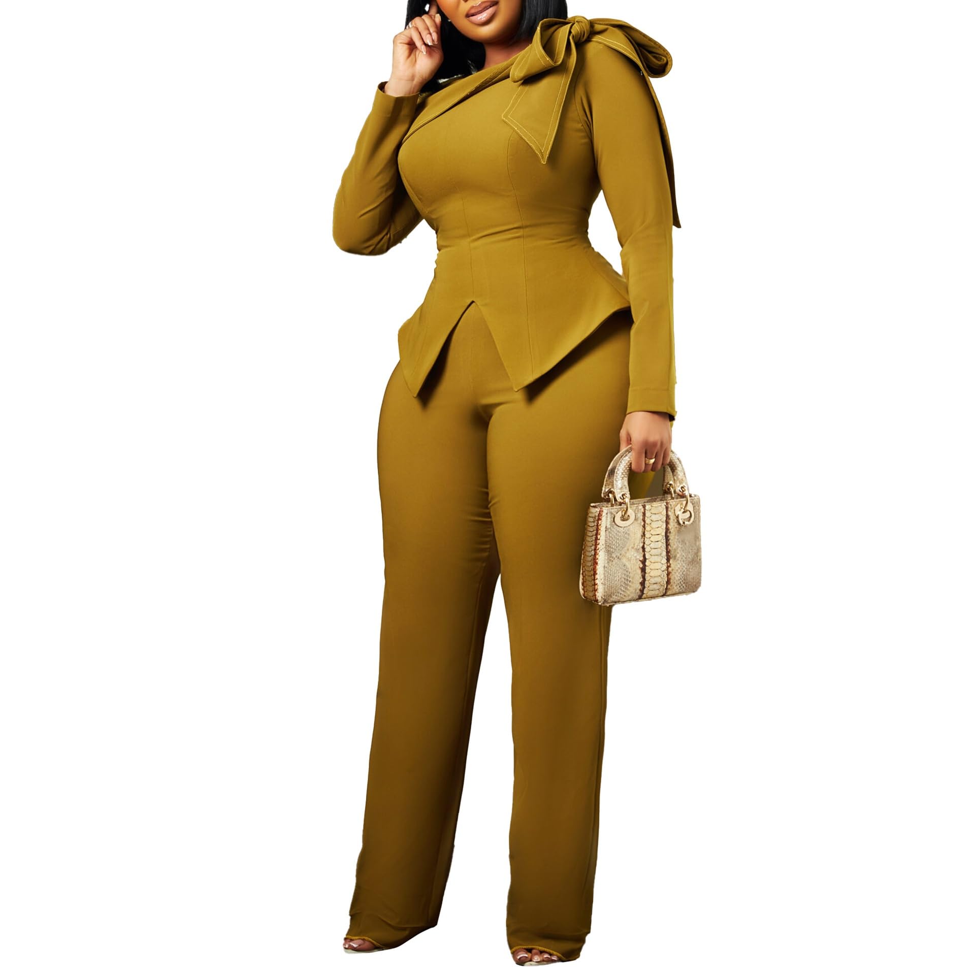 2025 Damen Business Casual 2-teiliges Outfit Rundhals Langarm Schleife Schulter Blazer Top + Slim Fit Lange Hose Set