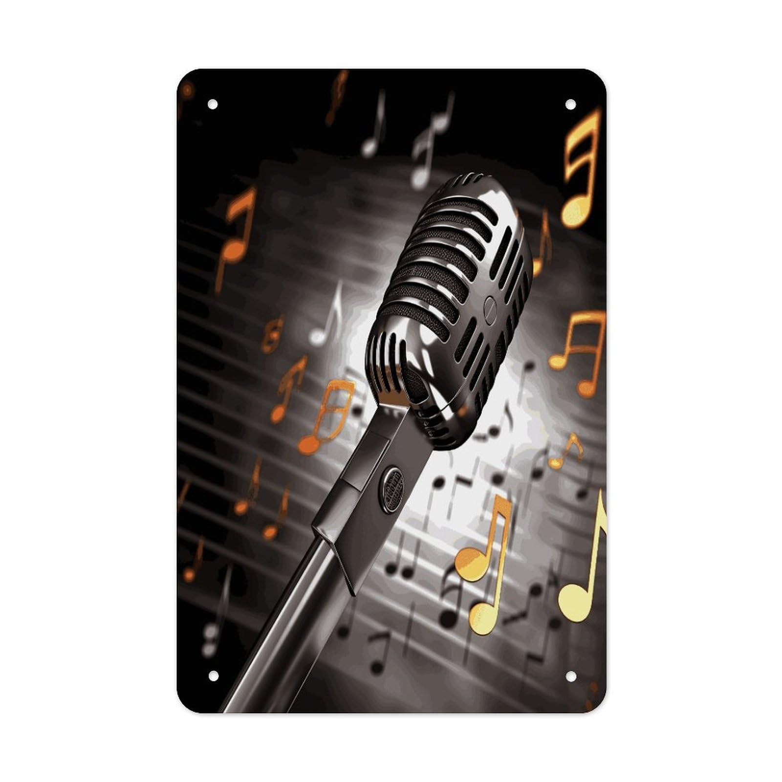 LDGSUPH Microphone with Music Notes Wall Art Prints Folded Edge Iron Sheet Painting with Holes for Wall Prints Decorative Picture Metal Signboard Decor Painting for Outdoor Indoor Wall Decor