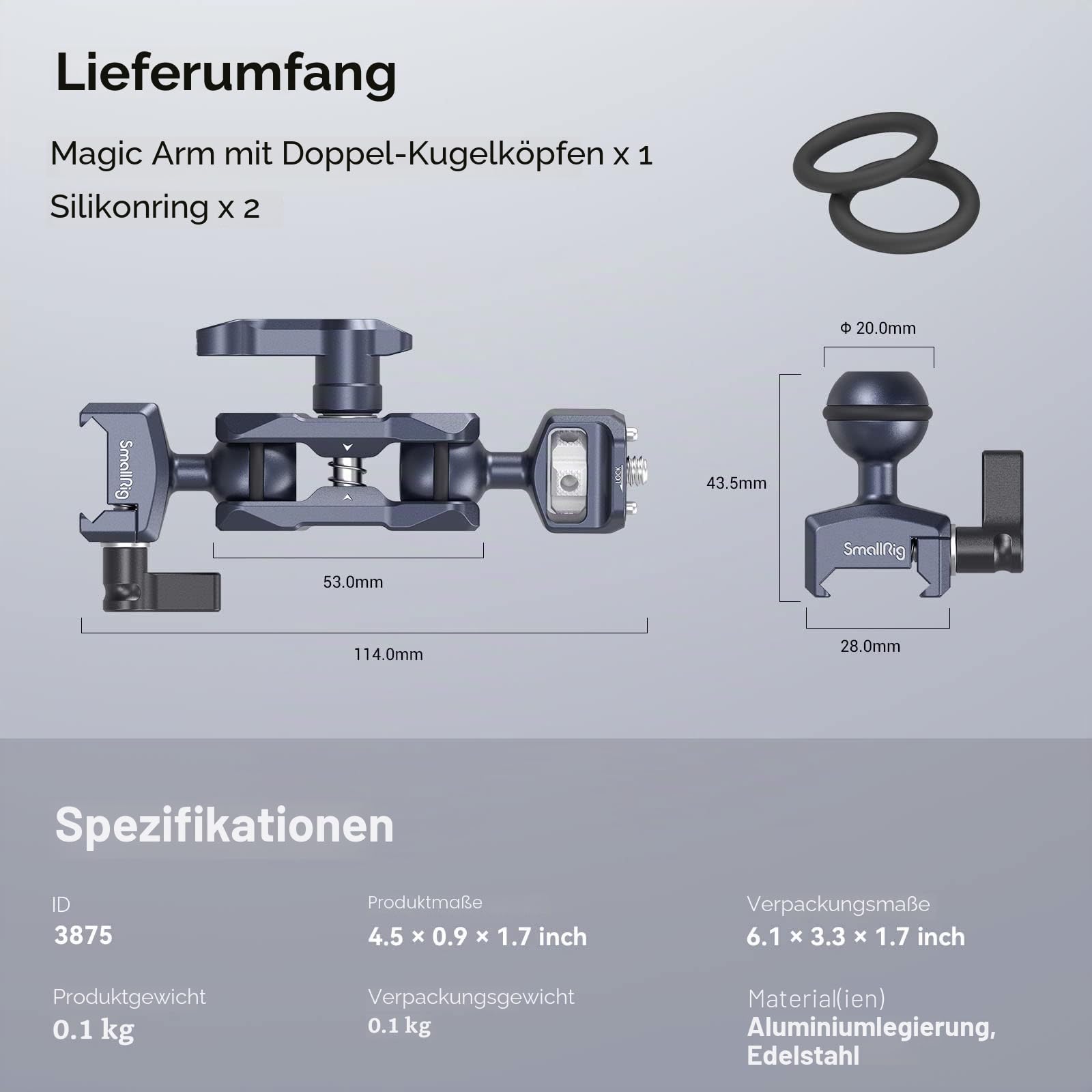 SMALLRIG Articulating Magic Arm mit NATO-Klemme und 1/4"-20 Schraube (mit einziehbaren Stiften), 360-Grad-Drehung Max. Belastung 5,5 kg Magic Arm für Monitor-Mikrofon und Licht – 3875
