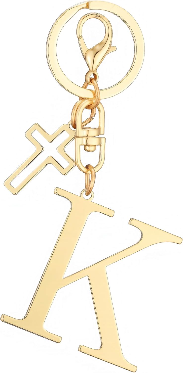 Gold Initial Keychain for Women A-Z Letter Cross Keychains Alphabet Key Chain bag Accessories Gift for Christian