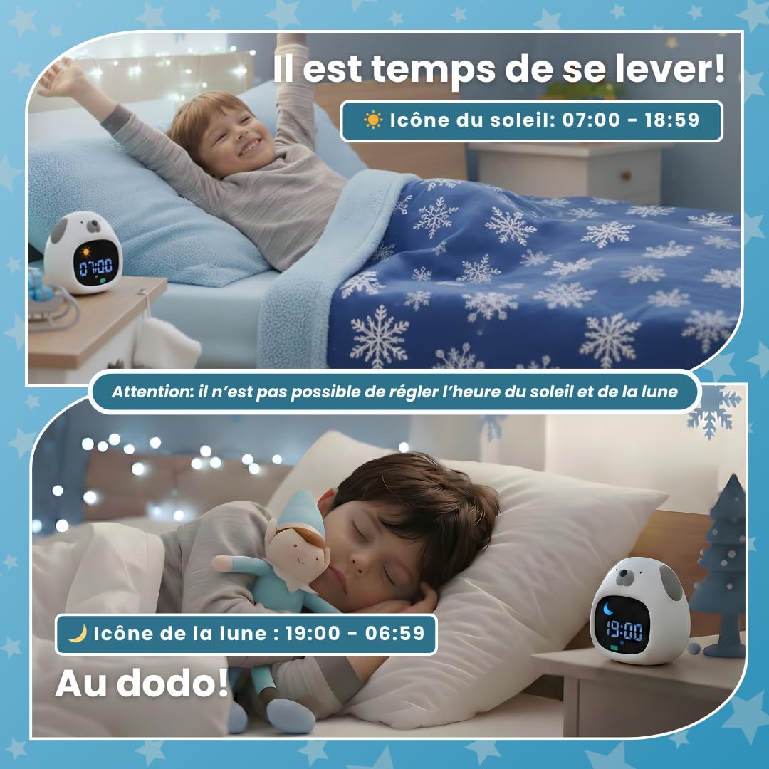 Lernwecker für Kinder, Tag / Nacht – Nachtlicht für Kinder, Musik und Licht, Lernuhr mit entspannender Musik – weißes Geräusch, Dekoration für Babyzimmer, Lichtwecker – 4 NIV Helligkeit (Hund)