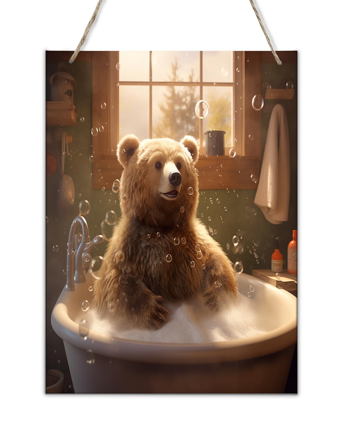 Joyful Bear's Bathtime Bliss wooden hang Sign Homely Bathroom Wall Art decor,Rustic Cabin Home Decor Plaque signs Vintage Style Decorative woodplate for Spa,Housewarming Retro Indoor Ambiance 8x12inch