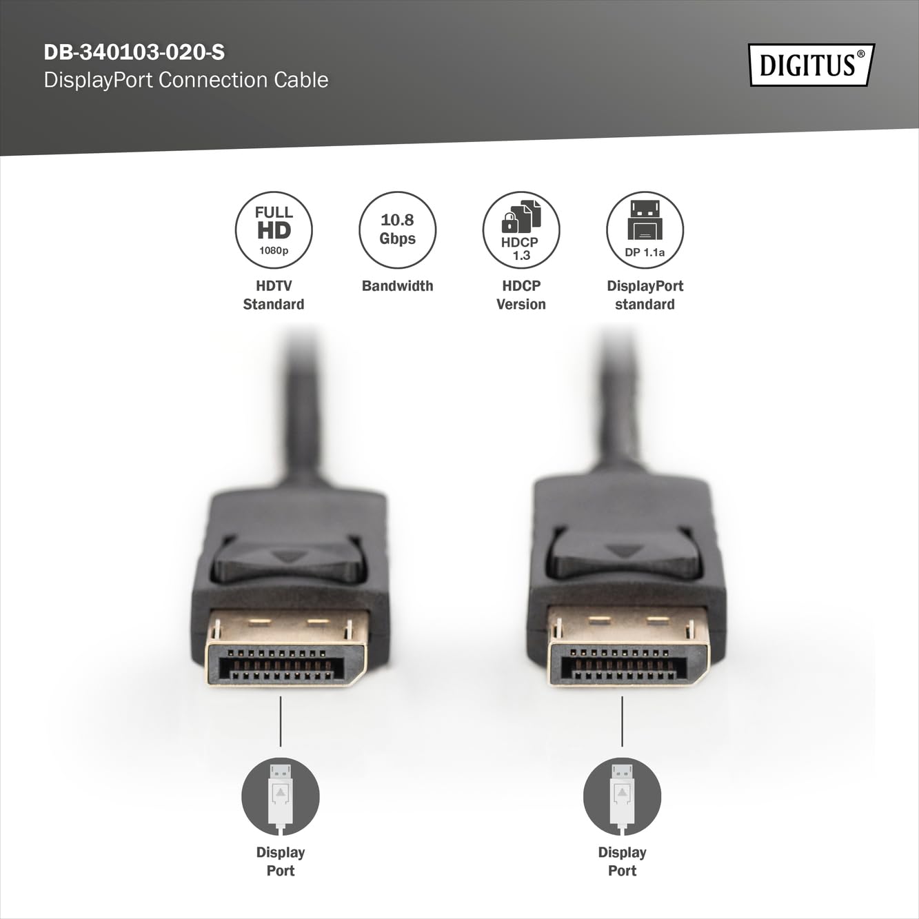 DIGITUS Kabel DisplayPort - Full-HD 1080p/60Hz - 2m - z blokadą - Displayport 1.1a - Kompatybilny z PC, monitorem, kartą graficzną do gier