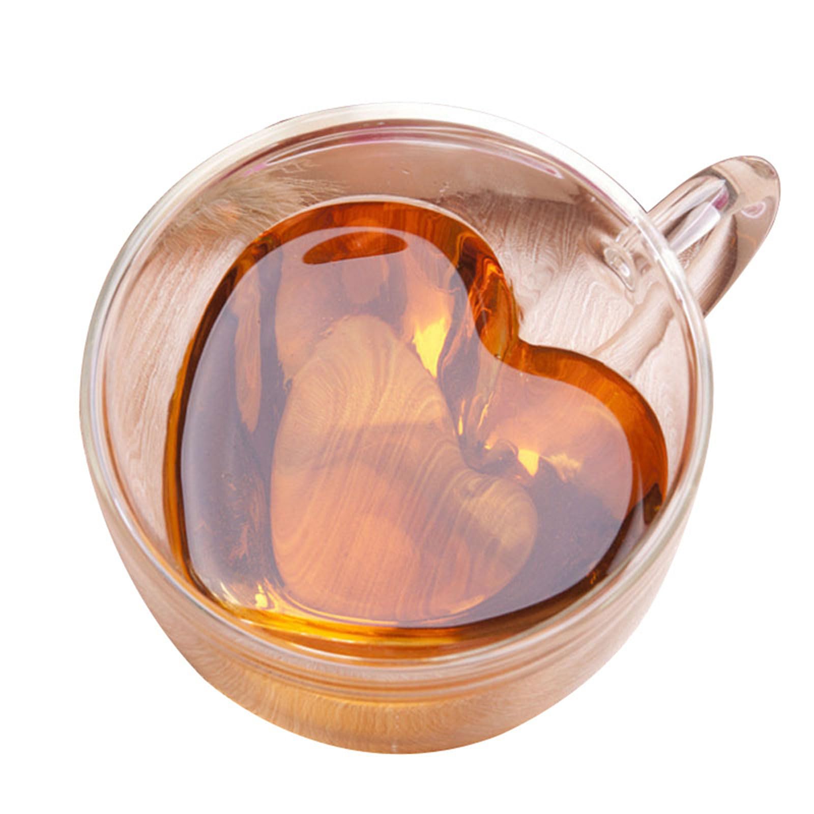Lerpwige Clear Double Walled Glass Drinking Cup Romantics Heart Shape Safe Coffee Mug with Handle for Cold Hot Drink Heart Shape Drink Glass