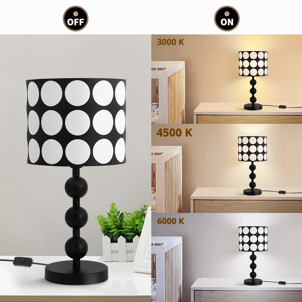 Lampada da Tavolo con Sfere Bianche e Nere, Paralume in Plastica con Motivo a Pois, Diametro 25 cm, Attacco E27, Lampadina non Inclusa