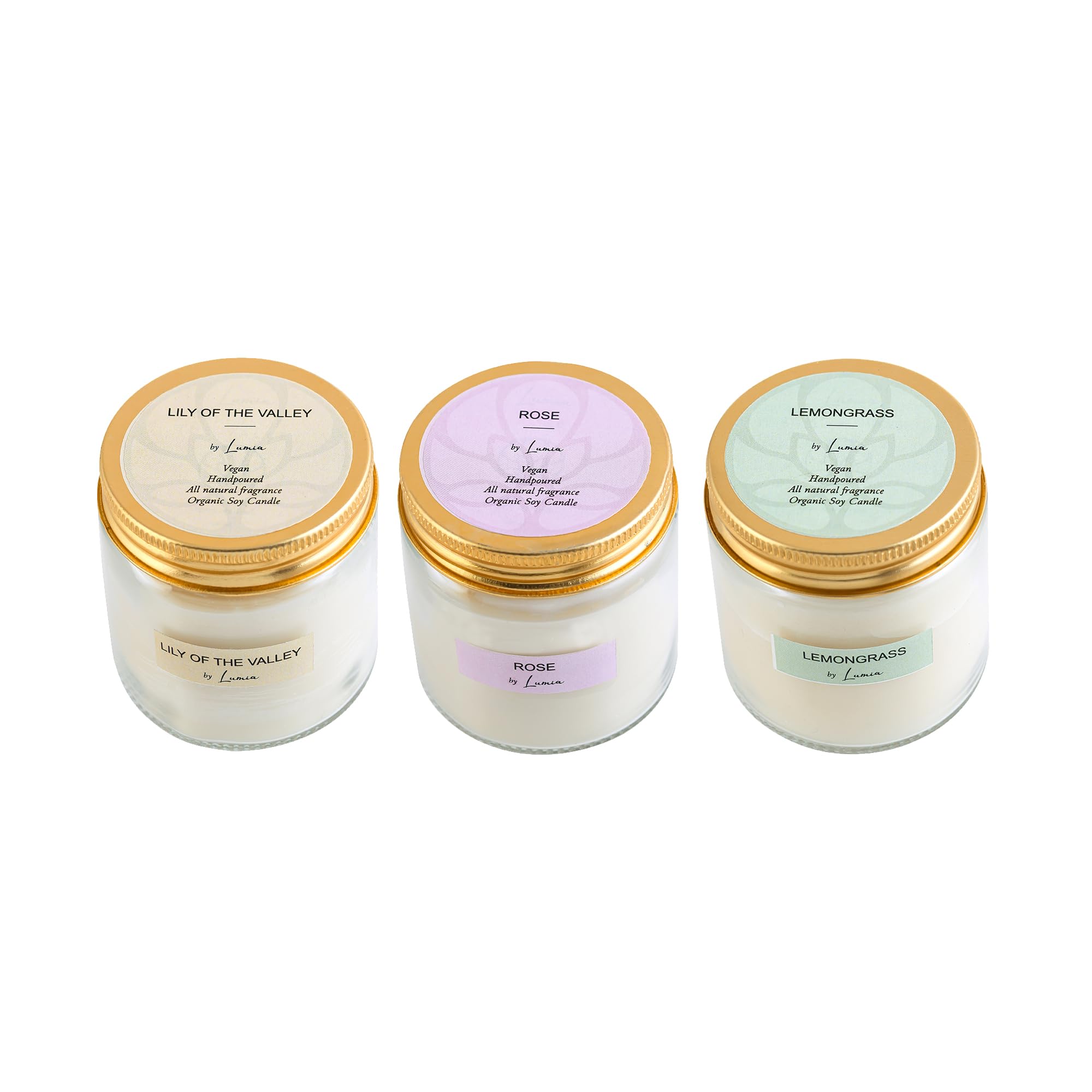 LUMIA Organic Scented Soy Wax Candles – Set of 3 Aromatherapy Gift Eco-Friendly & Vegan Lily of The Valley, Lemongrass & Rose Non-Toxic & Phthalate-Free 90g Each