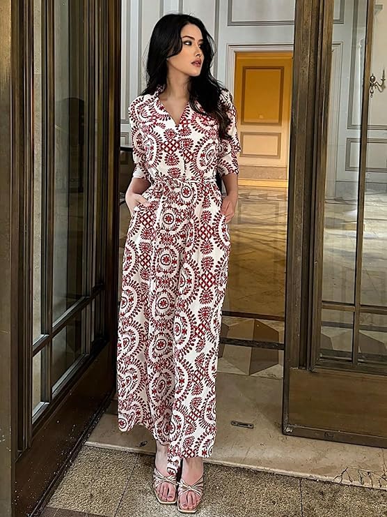 Image of LITZO Dress for Women | Long Rayon Dress for Women's | Floral Wide Leg Long Jumpsuit with Pockets | Regular Jumpsuit for Women (134-136)