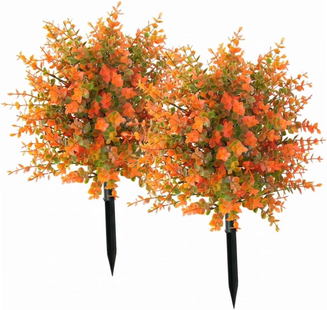 2 Pack Artificial Outdoor Shrubs, Fall Floral Stakes with Eucalyptus, Maple Leaves & Orange Flowers