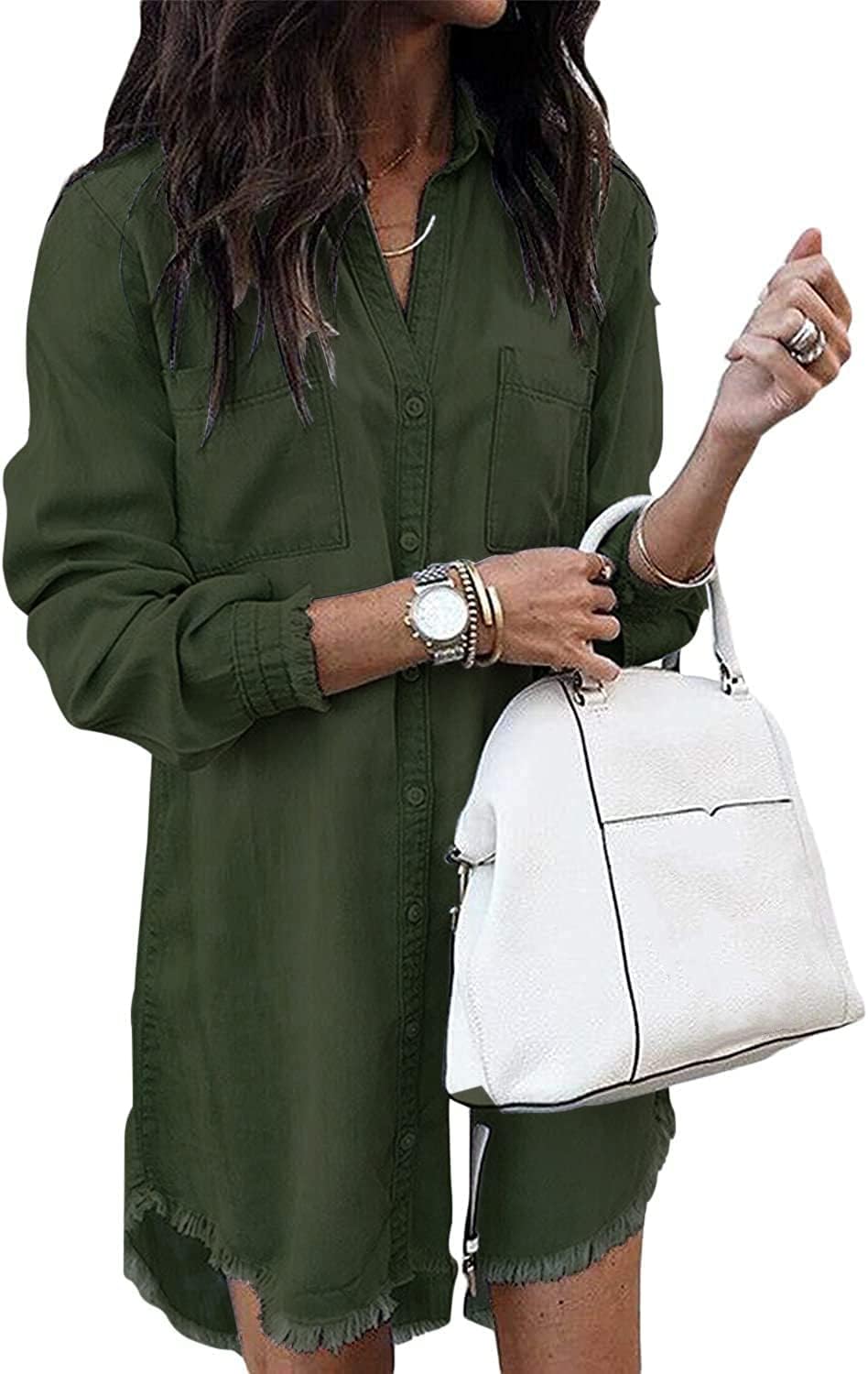Women Denim Shirt Dresses Long Sleeve Distressed Jean Dress Button Down Casual Tunic Top Medium Armygreen
