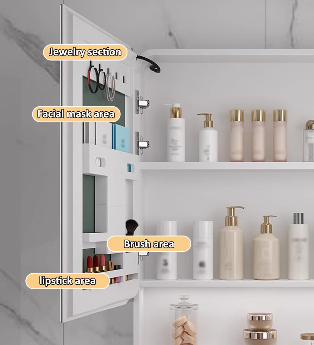 Armadietto a specchio da bagno a 3 ripiani con luce LED e barra portasciugamani, portaoggetti da parete in alluminio per cosmetici e pannolini, ideale per trucco e rasatura