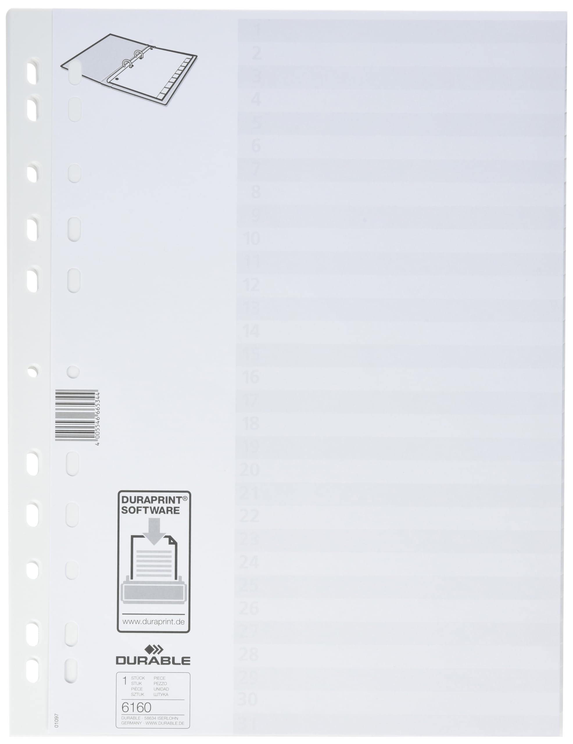 Durable 616002 Przekładki do segregatorów (A4, z PP), podział 1-31, kolor biały.