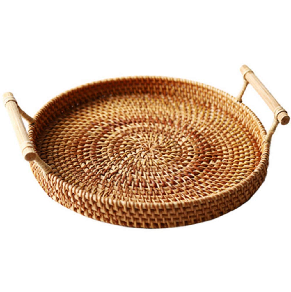 Vassoio Di Stoccaggio In Rattan Intrecciato A Mano W / Maniglia In Legno Cesto Di Vimini Rotondo Pane Piatto Di Cibo Piatto Di Torta Di Frutta