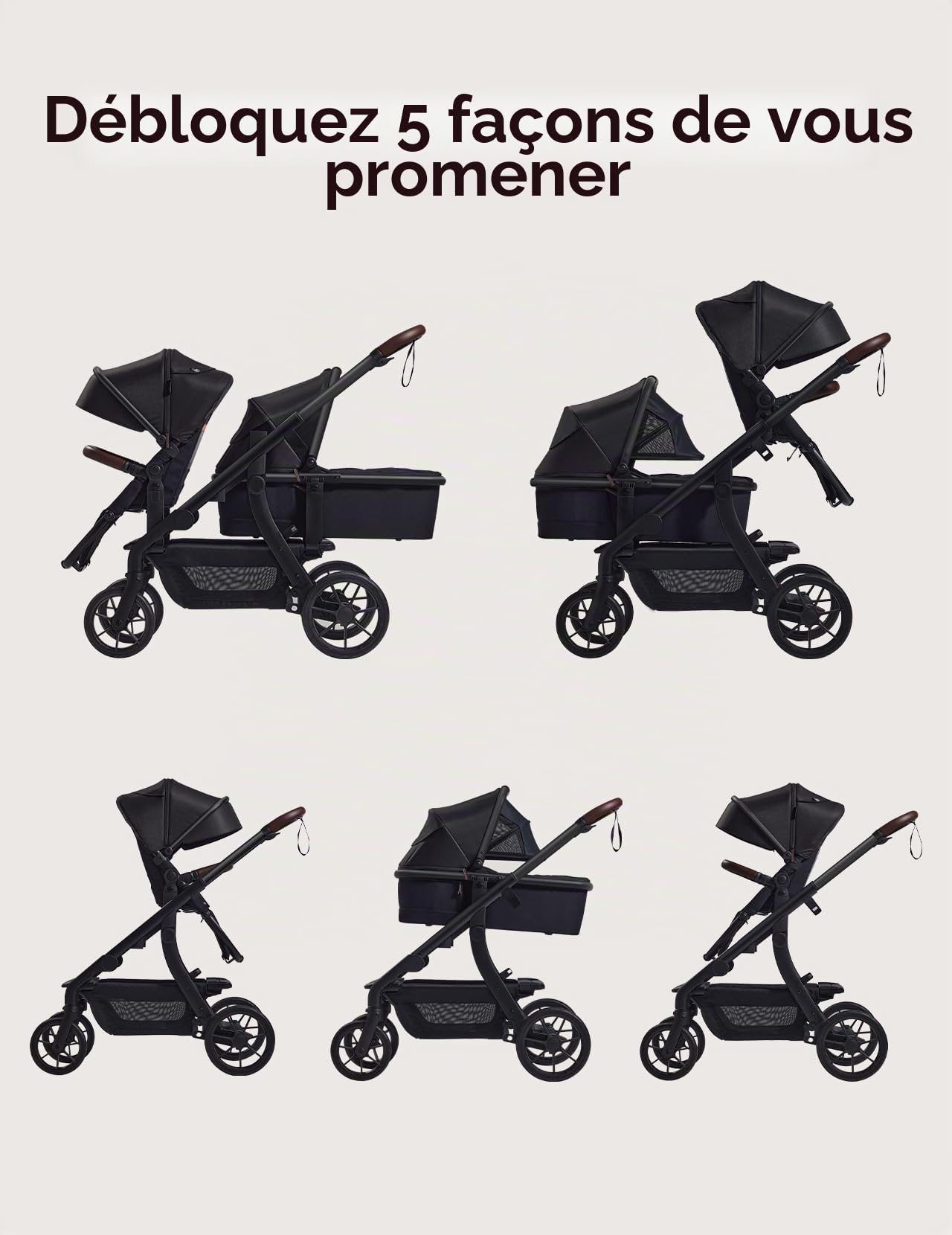 Momcozy ChangeGo Poussette Bébé, Convertible, Auvent Extensible, UPF 50+ | 5 Configurations, Simple-Double-Chariot, Nacelle, Siège, Grandes Roues PU, Suspension, Voyage, Cadeau