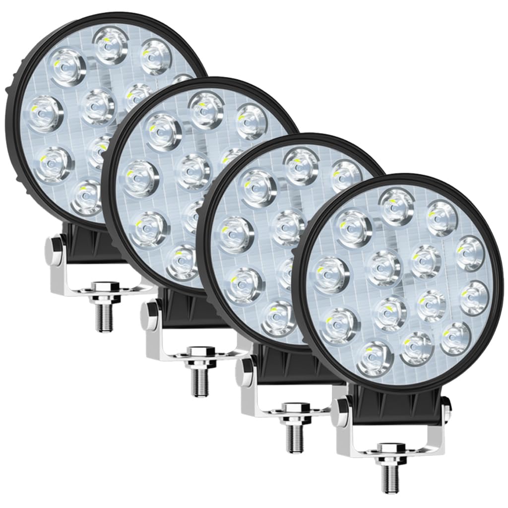 Round Led Light Pod - 4 Inch 42W Led Tractor Lights, 15000 Lumen 6500K White Light, Flood Combo Beam for Foggy Led Work Lights for Truck Tractors, ATV, UTV, Farm, Construction, Yard (4 Pack)