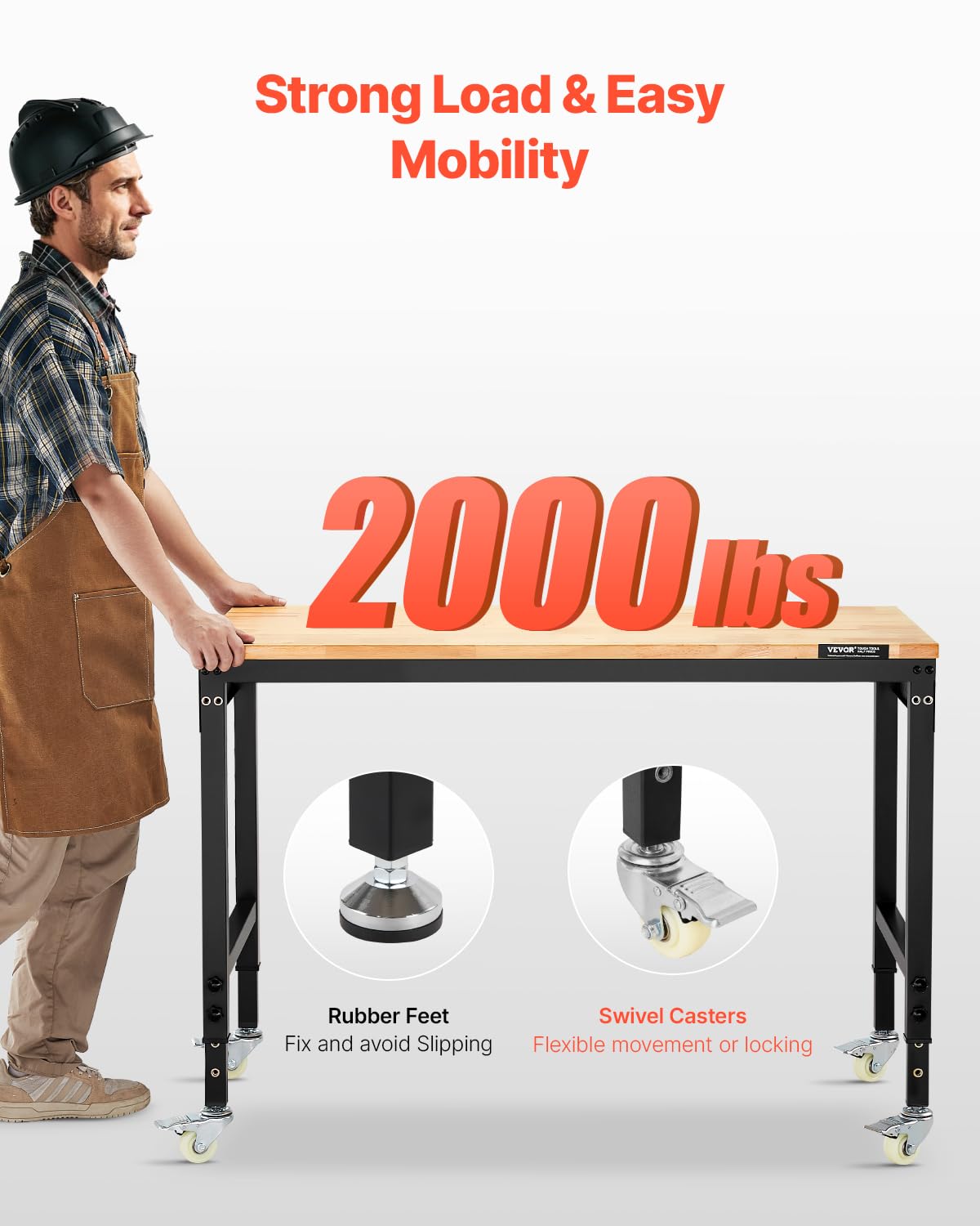 VEVOR Werkbank 1220x610x711-1003mm, 907 Tragkraft, Werkbank mit Steckdose, Rädern und Stecktafel, robuster Arbeitstisch mit Eichenholzplatte für Garage, Werkstatt, Büro und Zuhause