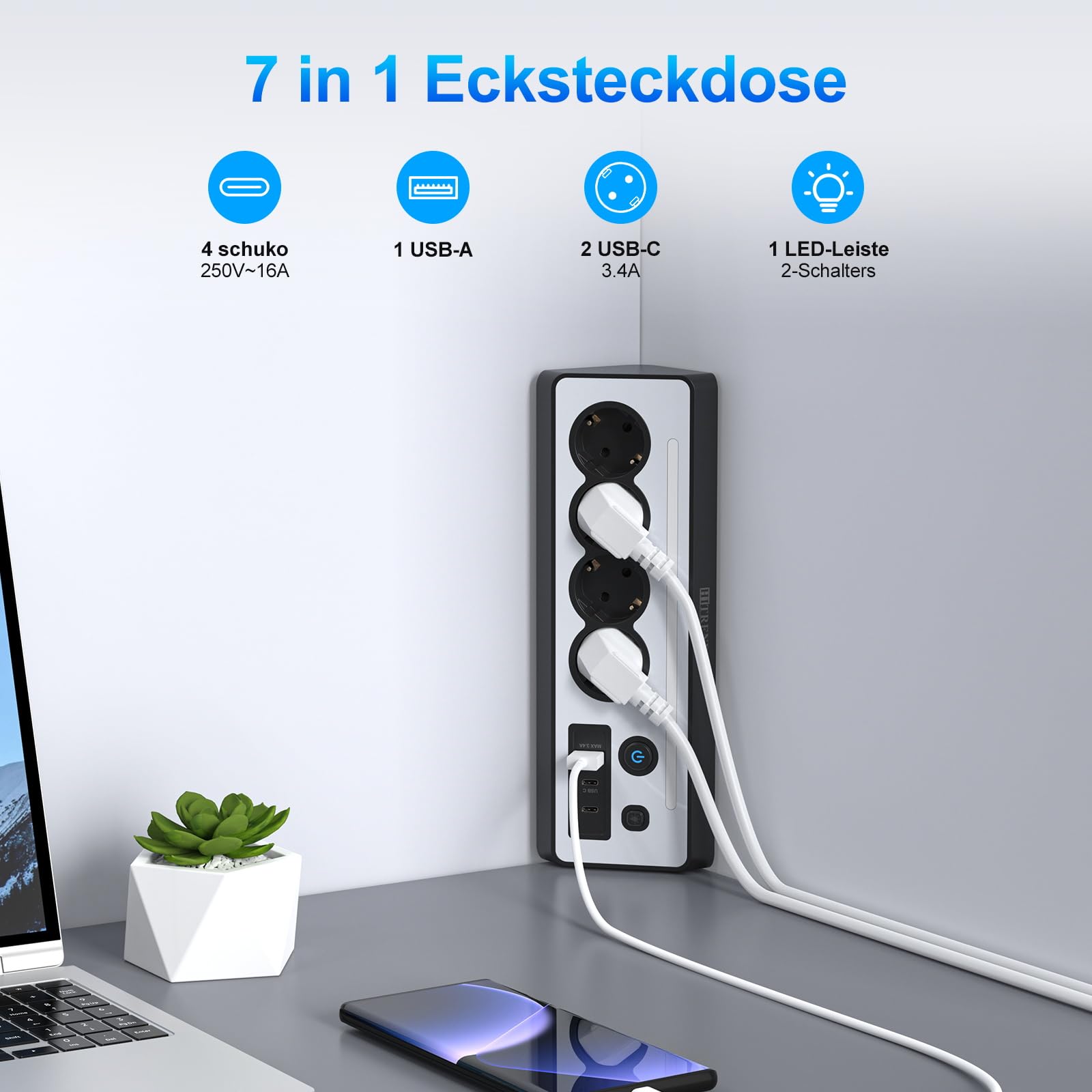 Hoekstopcontact met USB en 2 Type-C, 4-voudig meervoudig stopcontact met schakelaar en led, stekkerdoos met 1,5 m verlengkabel voor bureau, hoeken, zwart