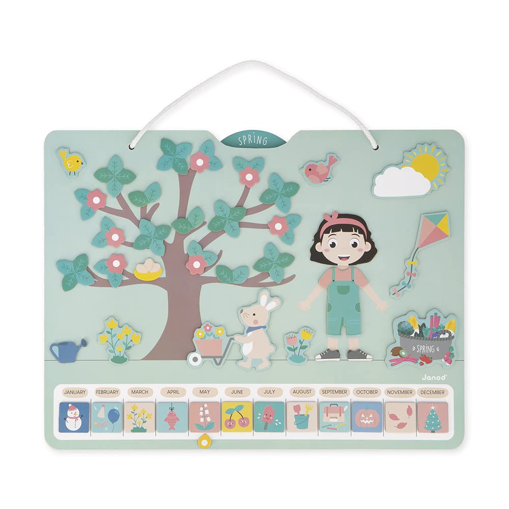 Janod - Calendario delle Stagioni - Calendario Educativo in Legno per Bambini 42 x 32 cm - Magnetico - 125 Magneti - Tempo e Stagioni - Versione Inglese - Dai 3 Anni, J5464