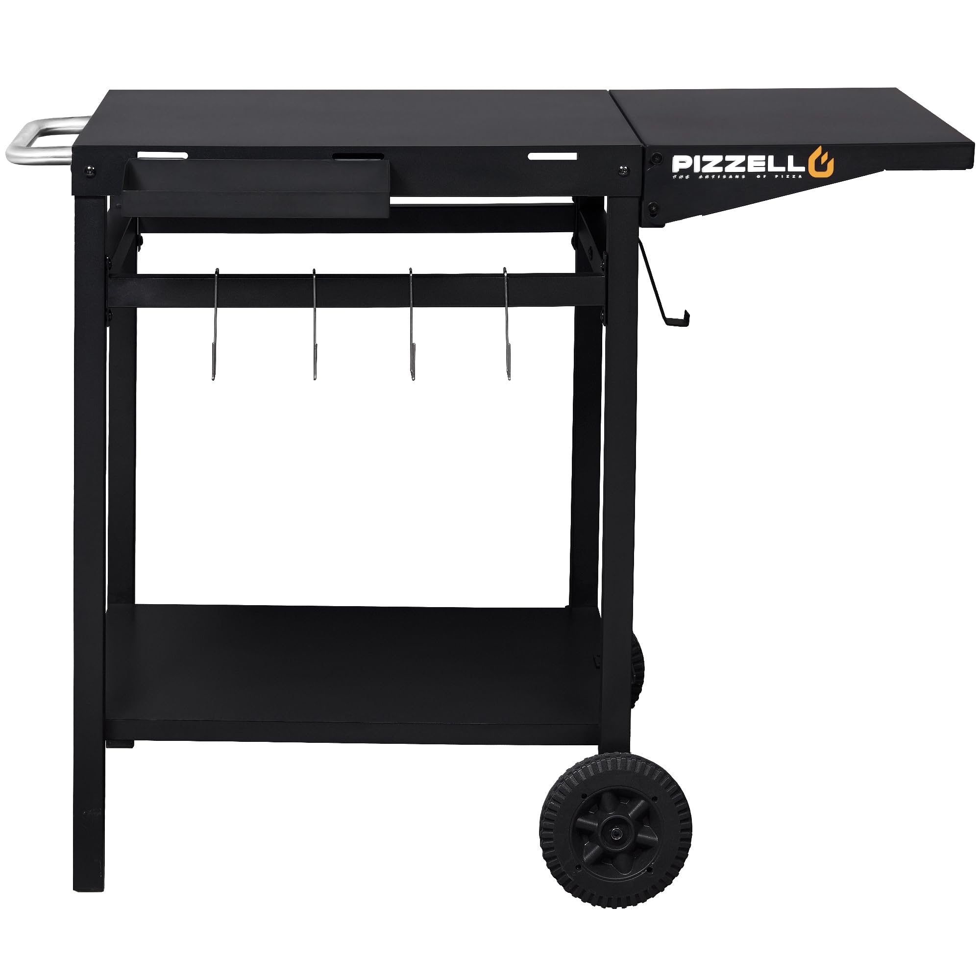 PIZZELLO Carrello da giardino a 2 strati, per esterni, pieghevole, piano di lavoro, cucina, forno per pizza, carrello con maniglia, ruote e ganci