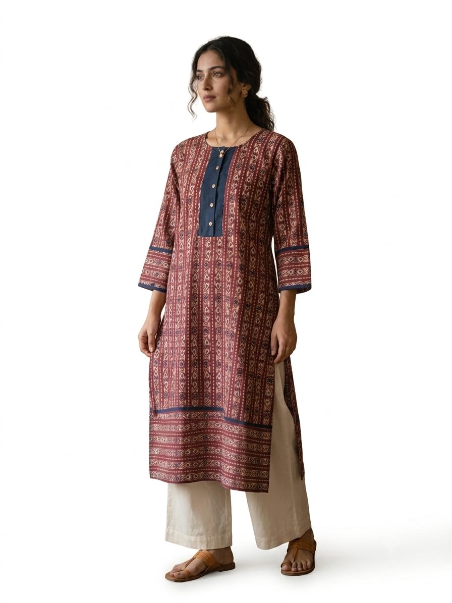 Maternity Feeding Kurti Maroon Ikat Print 100% Cotton-image-36