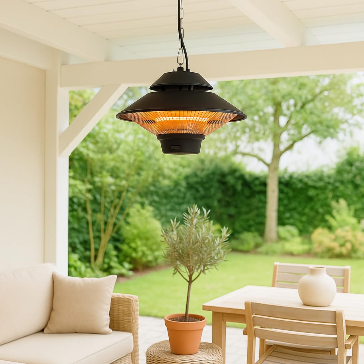 alpina Chauffage Extérieur Terrasse 1500W – Chauffage Électrique Suspendu Rond Infrarouge avec Télécommande – Radiateur de Terrasse Intérieur/Extérieur, Noir