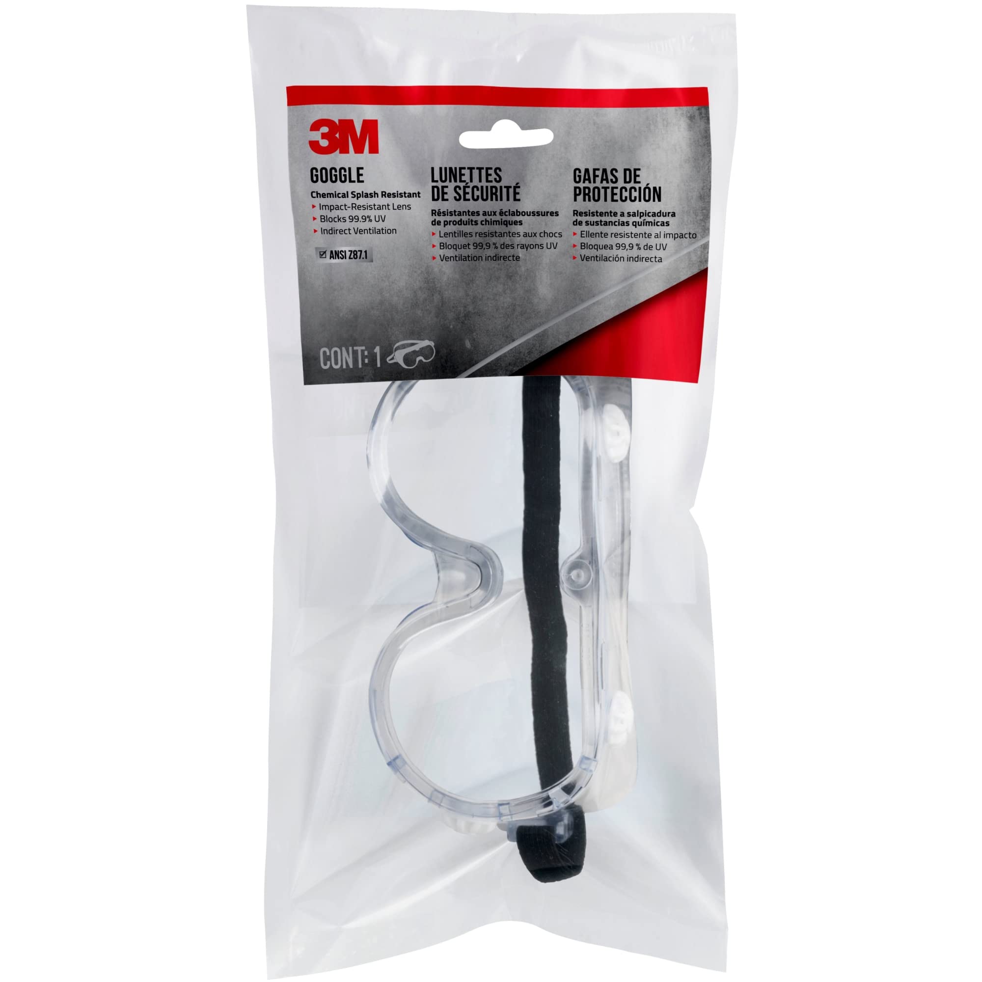 3M Chemical Splash Goggles, Impact Resistant, 99.9% UV Block, Scratch Resistant, Adjustable Fit (91252H1-DC-10)