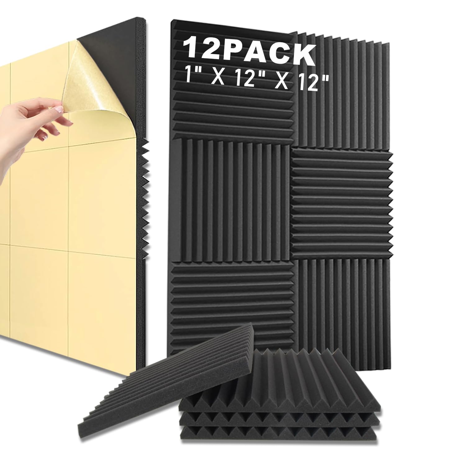 12 Pack Acoustic Foam Panels with Self-Adhesive,1"×12"×12" High Density Sound Proof Foam Panels for Walls, Flame Retardant Studio Acoustic Foam Panels, Acoustic Treatment Foam for Home -Black
