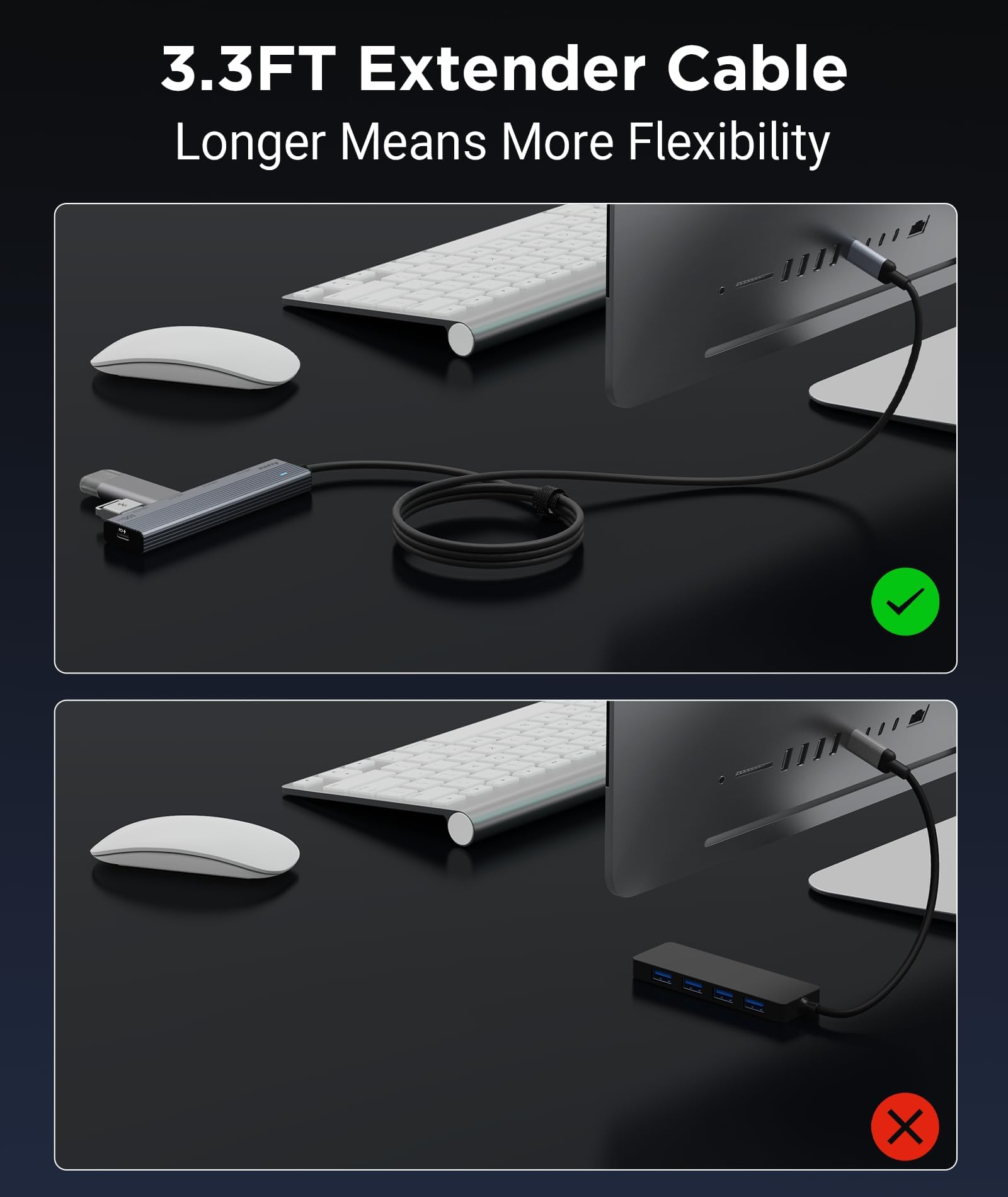 Aceele Hub USB C, 10 Gb/s, rozdzielacz USB 3.2 z ładowaniem PD 100 W, aluminiowy przedłużacz USB C z przedłużaczem 1 m do komputera, MacBooka, PS4/5, Surface Pro, Dell