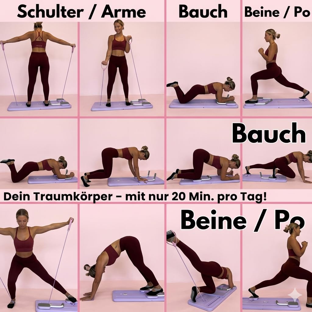 Pilates Board für Zuhause – Reformer Maschine als vielseitiges Fitness Gerät für Ganzkörpertraining, Bauch Beine Po, Home Workout & Home Fitness inklusive Video Übungen und Widerstandsband
